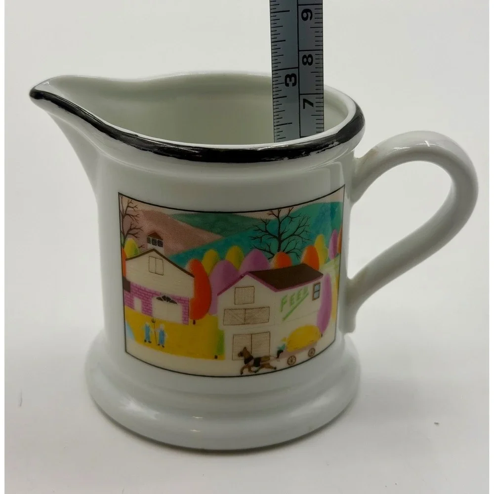 White Ceramic Creamer Pitcher Farmhouse Scene‎ Black Rim Japan